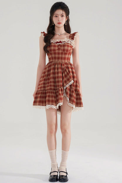 Sweet Red Plaid Lace Dress