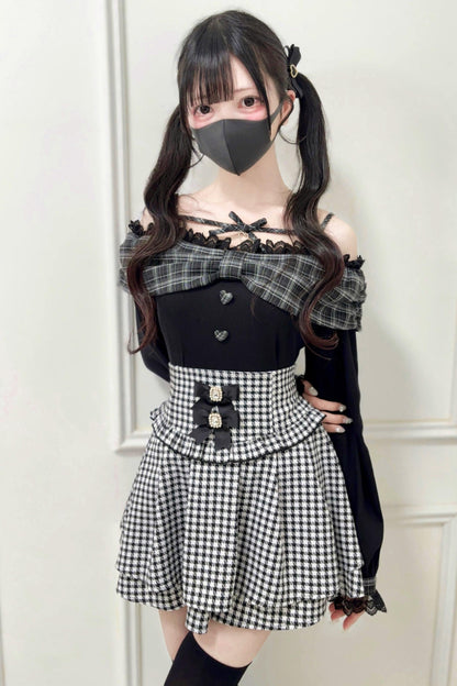 Off-shoulder Lace Ribbon Strap Knit Top