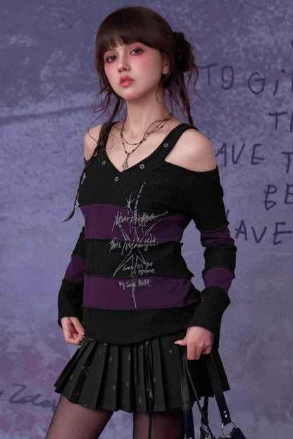 Black and Purple Off Shoulder Top