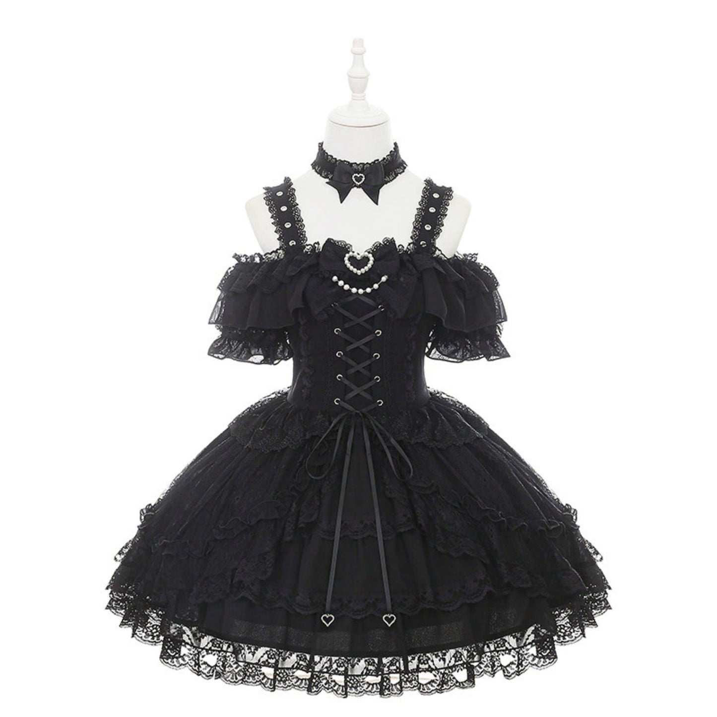 Off-shoulder Dark Kawaii Lace Dress + Neck Ring