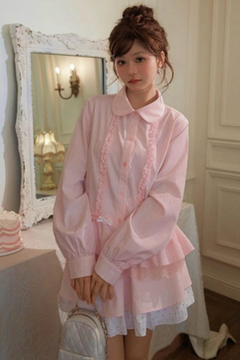 Lace Patchwork Doll Collar Blouse + Skirt