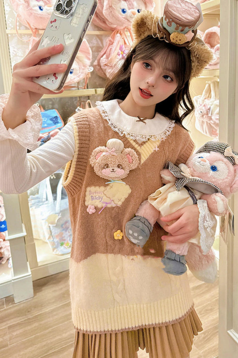 Sweet Bear Embroidered Knitted Vest + Cardigan