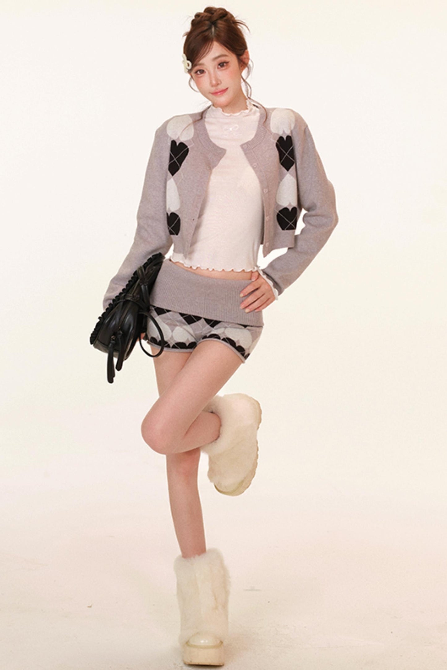 Heart Pattern Cardigan + Top + Shorts