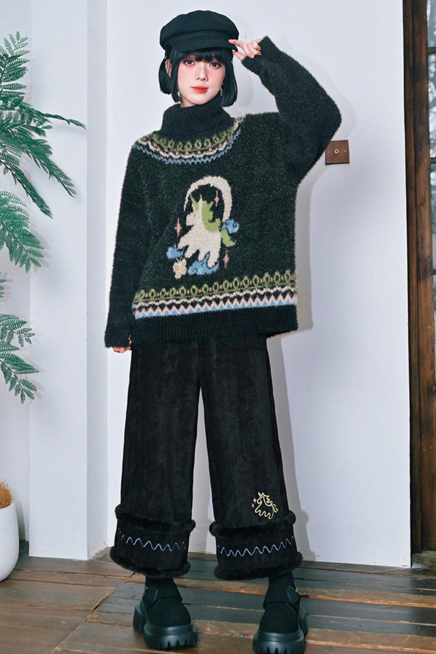 Four Pop Faux Fur Jacquard Sweater