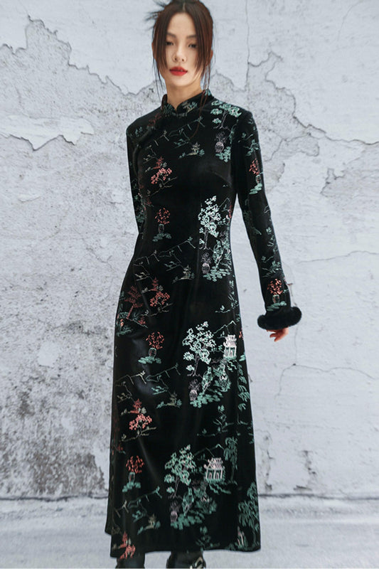 Embroidered Plush Cheongsam Dress