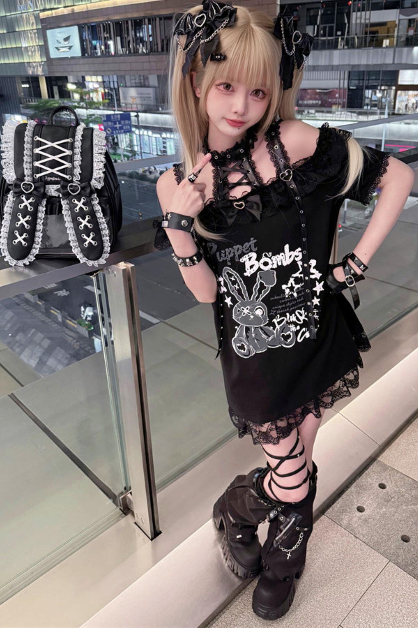 Lace-up Dark Kawaii T-shirt + Skirt + Bag + Hair Accessories