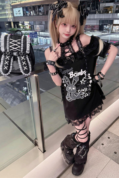 Lace-up Dark Kawaii T-shirt + Skirt + Bag + Hair Accessories
