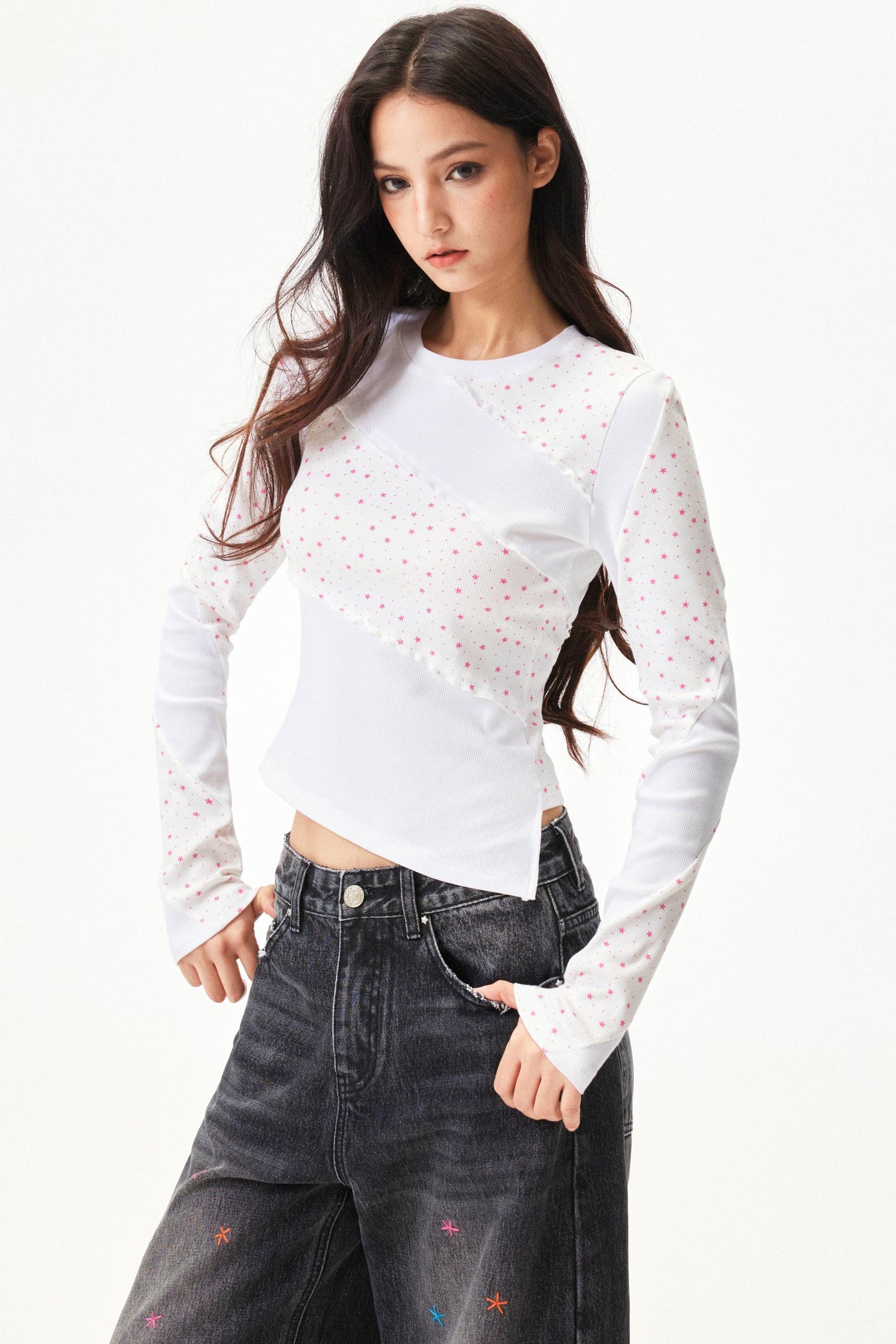 Cut Patchwork Print Slim Top