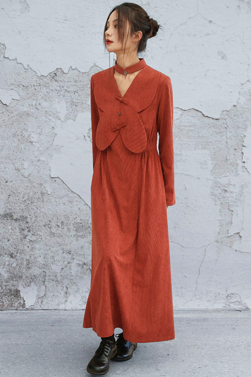 Retro Patchwork Corduroy Long Dress