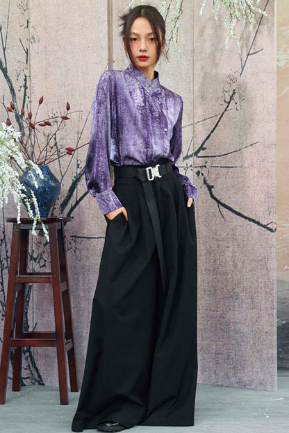 Satin Retro Stand Collar Top