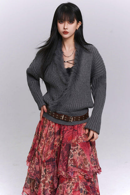 Soft Gray V-neck Knit Sweater