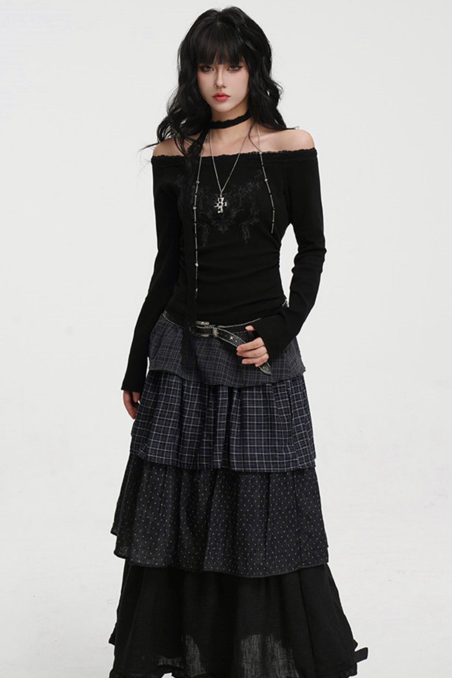 Dark Lace Off-shoulder Top (with Lace Long Scarf)