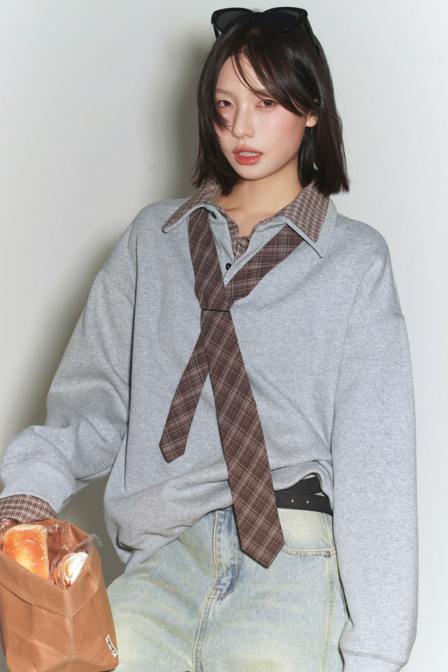Plaid Patchwork Polo Sweatshirt
