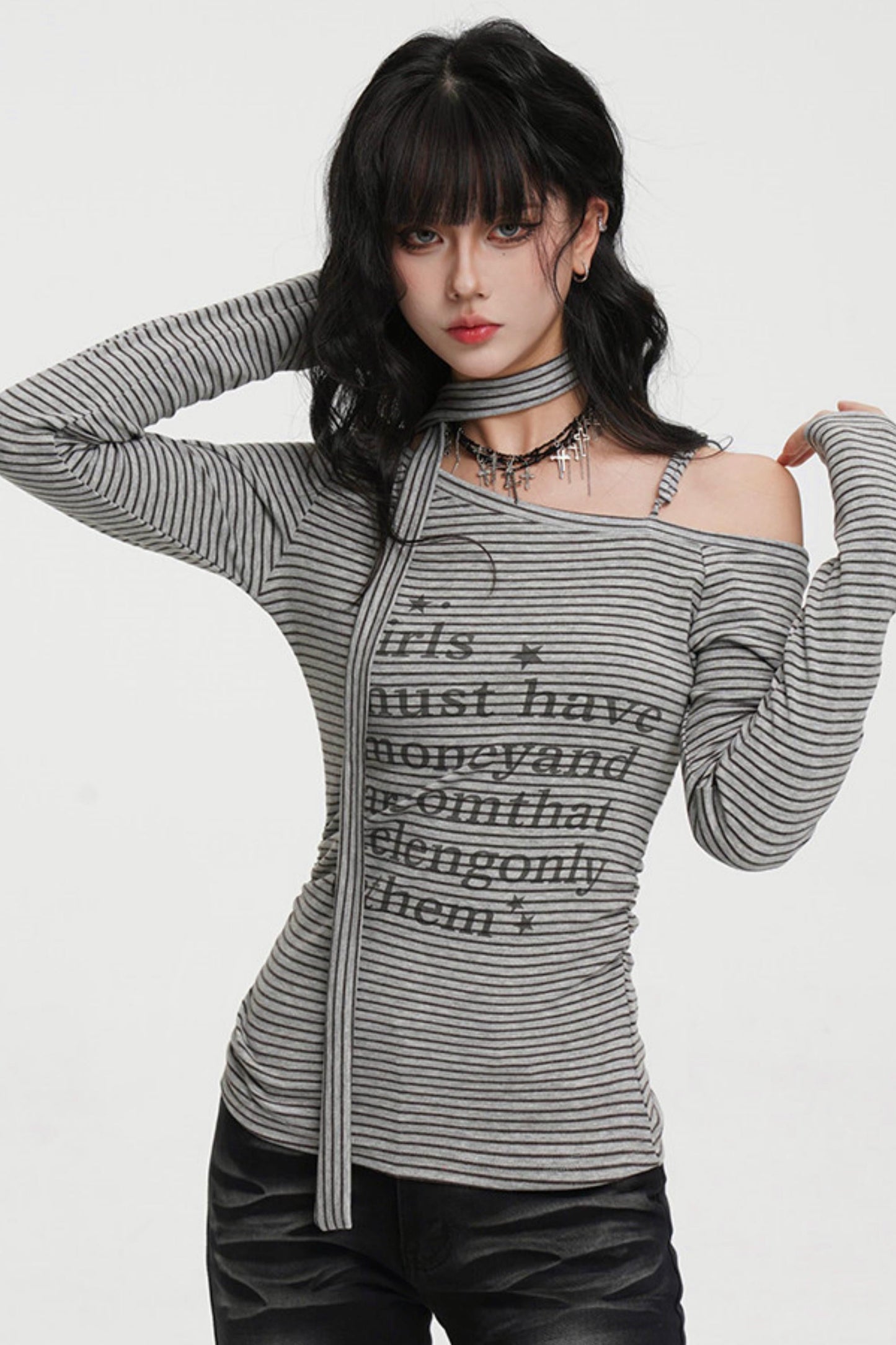 Striped One-shoulder Tie-neck Top