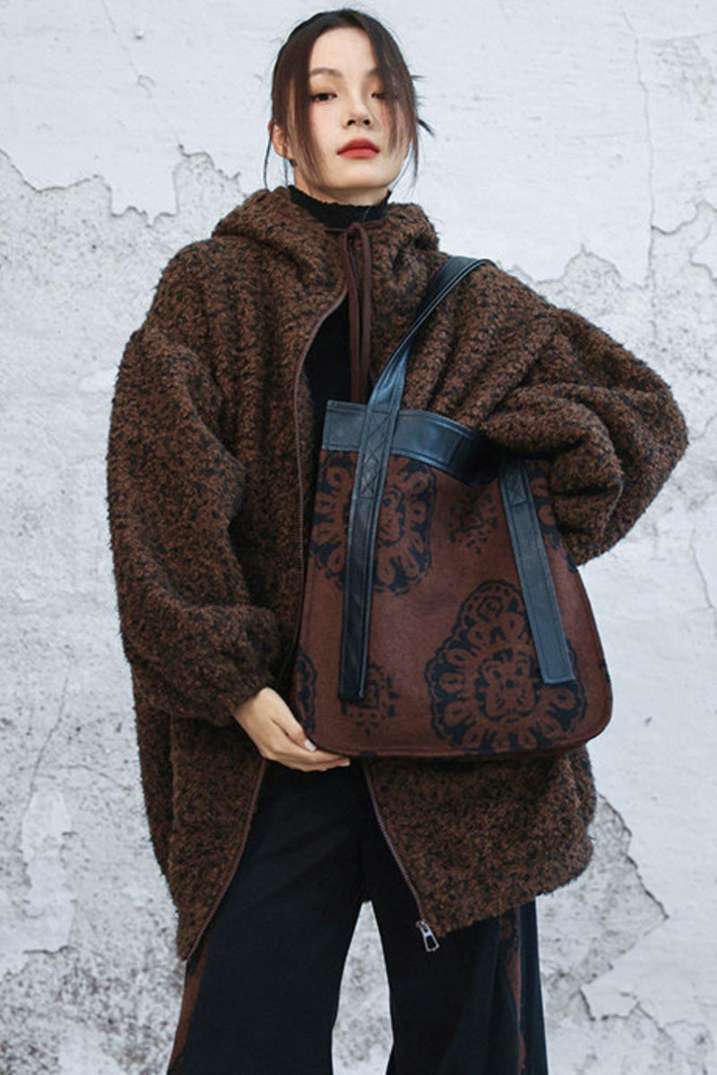 Brown Jacquard Leather Tote Bag