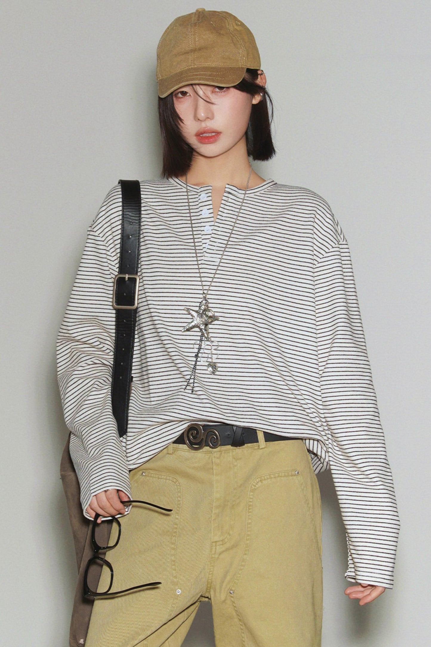 Loose Striped Button Neck Top