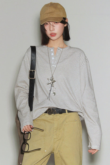 Loose Striped Button Neck Top