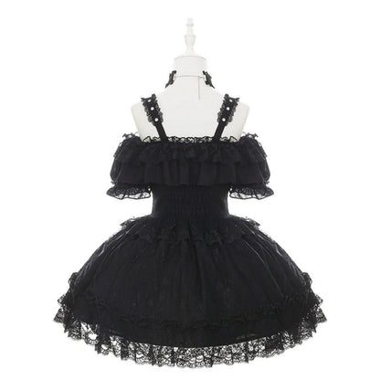Off-shoulder Dark Kawaii Lace Dress + Neck Ring