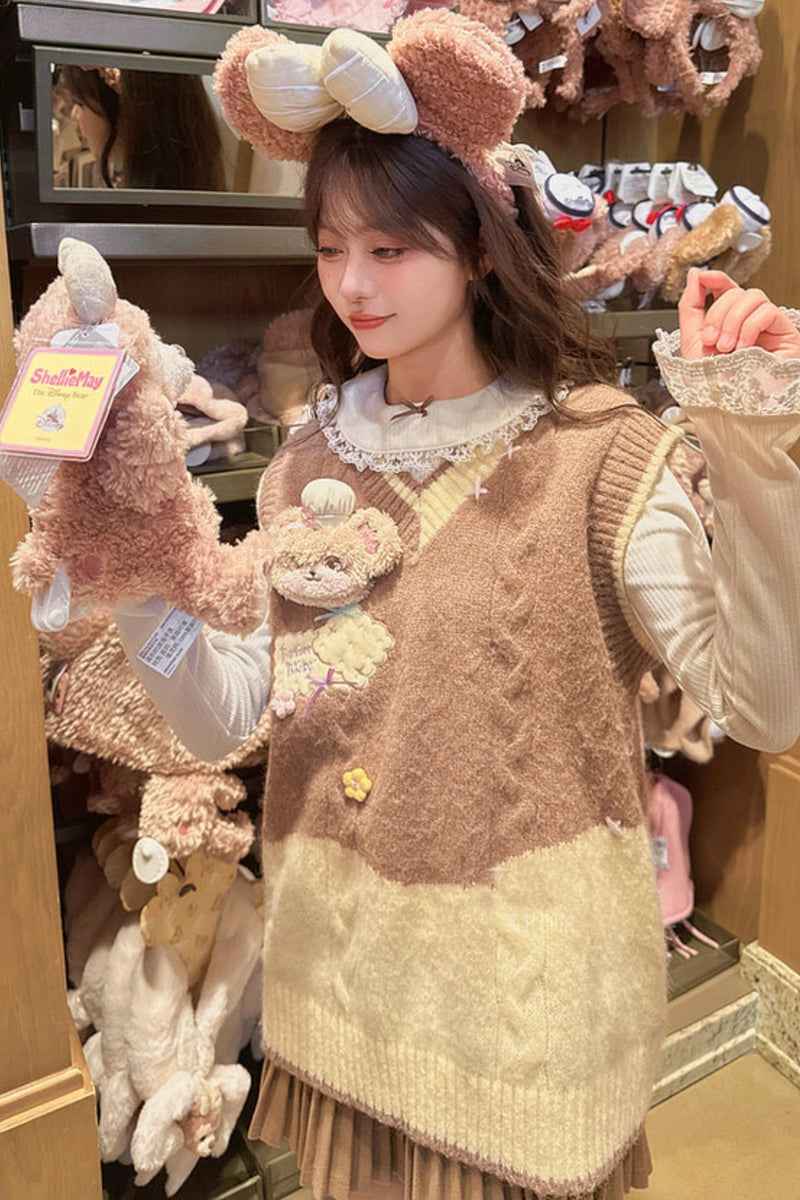 Sweet Bear Embroidered Knitted Vest + Cardigan