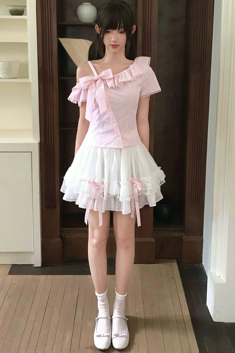 Fluffy Sweet Off-shoulder Ribbon Blouse + Skirt