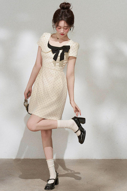 French Girly Ribbon Polka Dot Dress