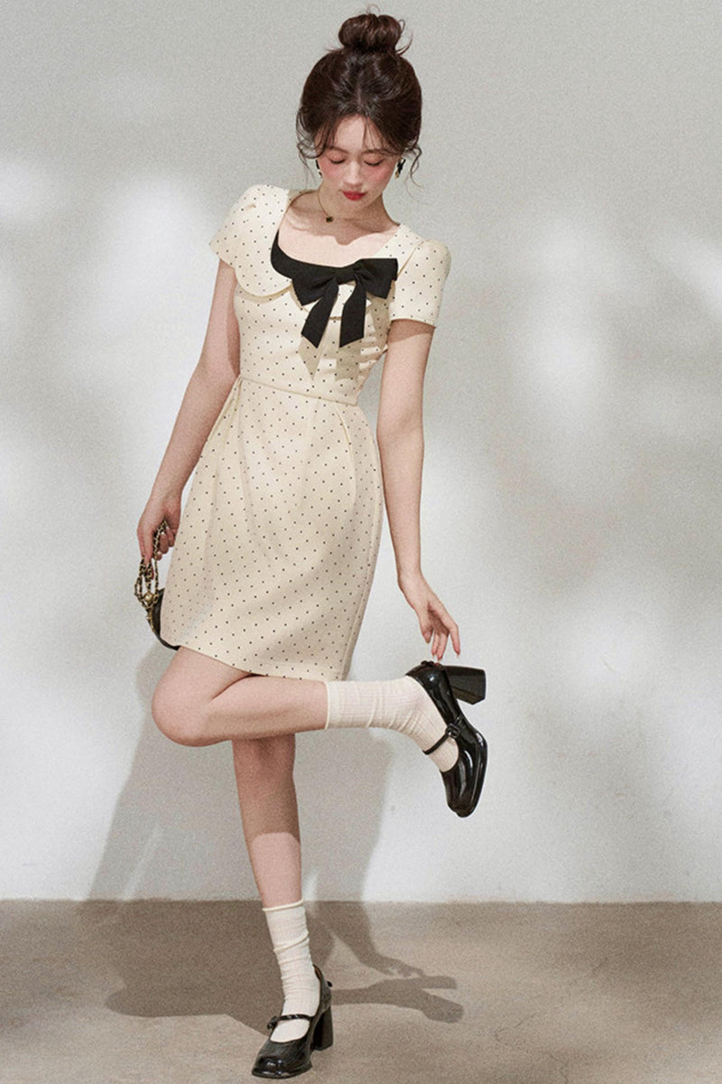French Girly Ribbon Polka Dot Dress