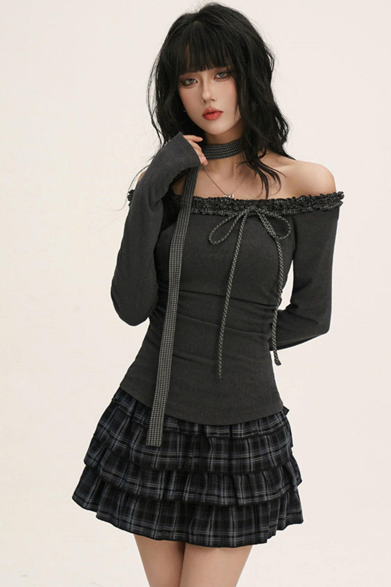 Off-shoulder Ruffle Ribbon Top (with Skinny Long Scarf)