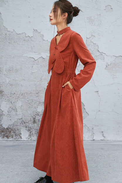 Retro Patchwork Corduroy Long Dress