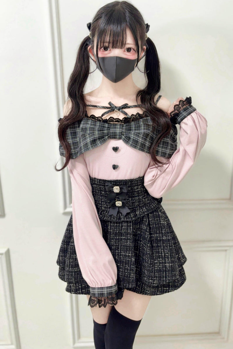 Off-shoulder Lace Ribbon Strap Knit Top