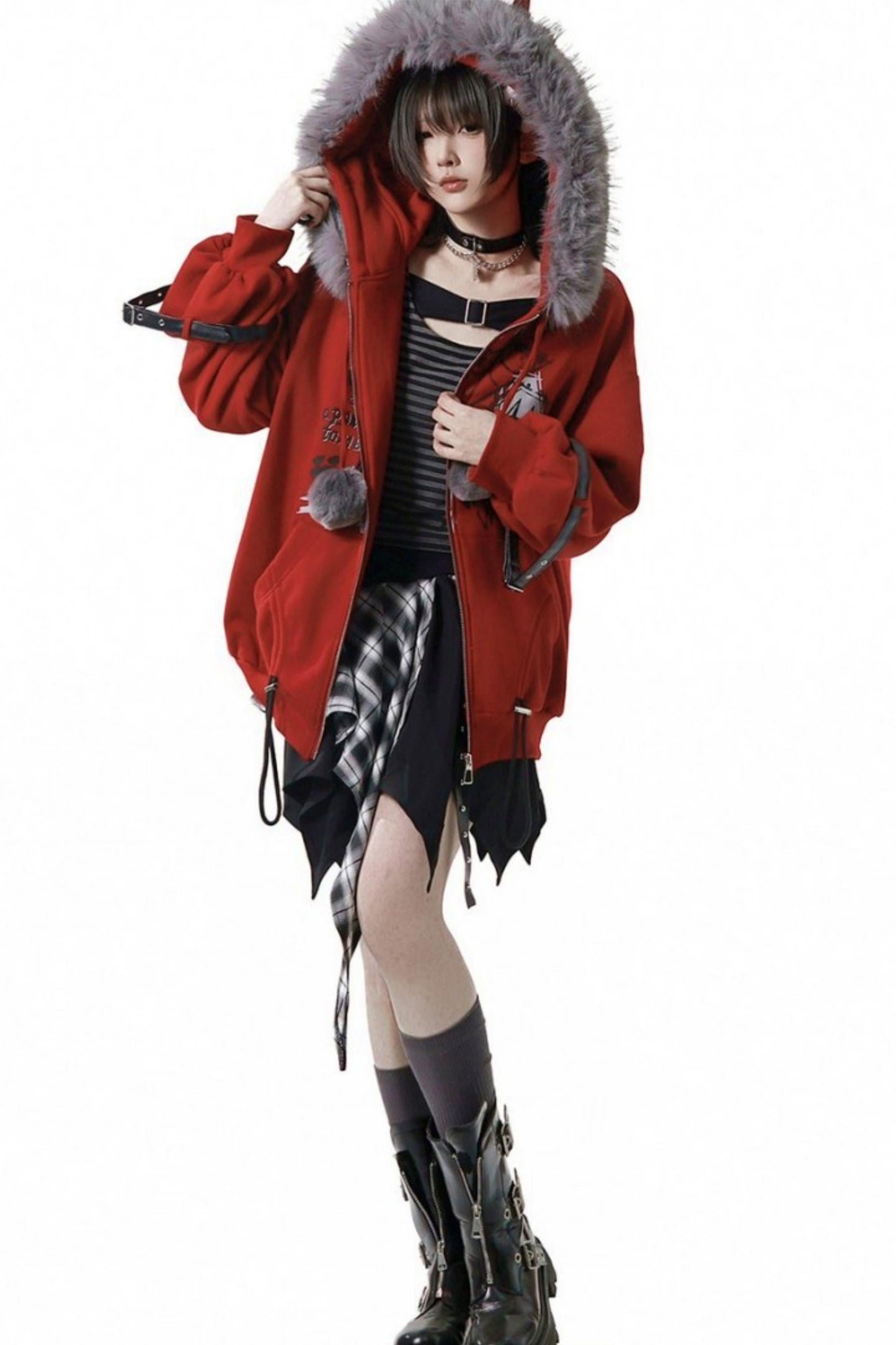 Red Fleece Jacket + Top + Skirt + Accessories