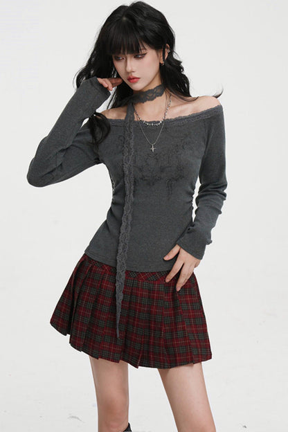 Dark Lace Off-shoulder Top (with Lace Long Scarf)