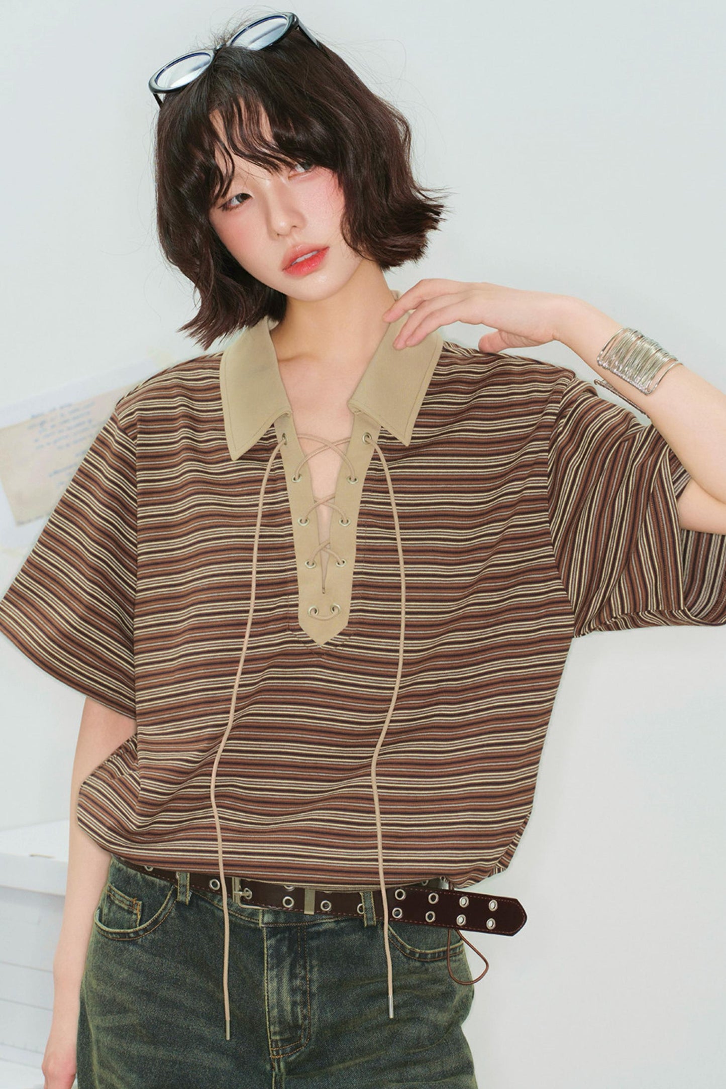 Striped Crop Polo Top