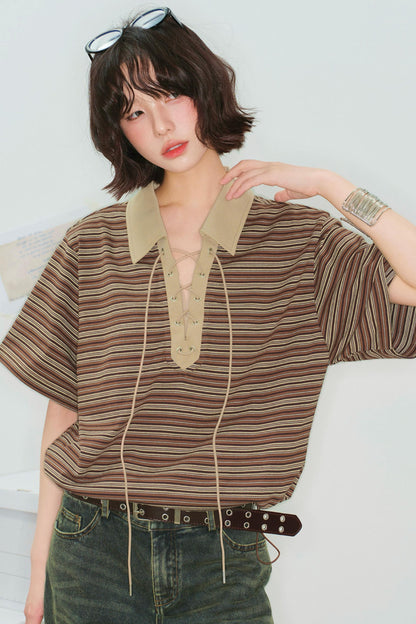 Striped Crop Polo Top