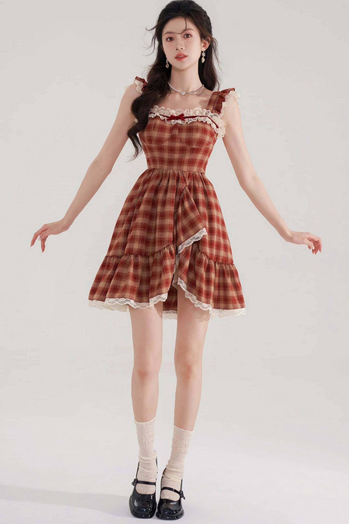 Sweet Red Plaid Lace Dress