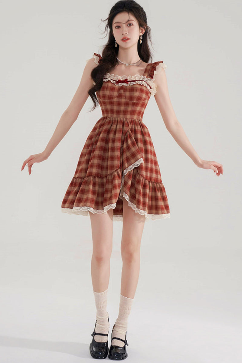 Sweet Red Plaid Lace Dress