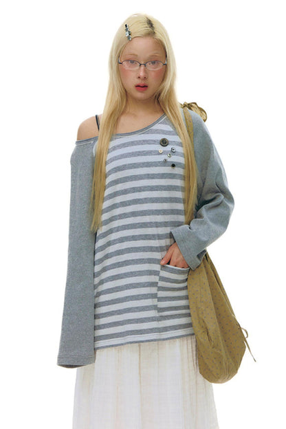 Button Striped Off-shoulder Top