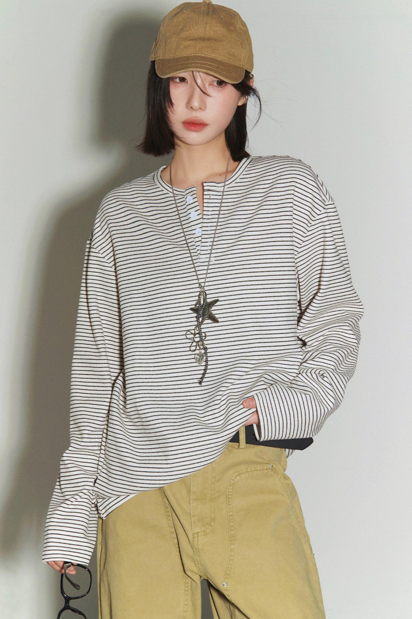 Loose Striped Button Neck Top