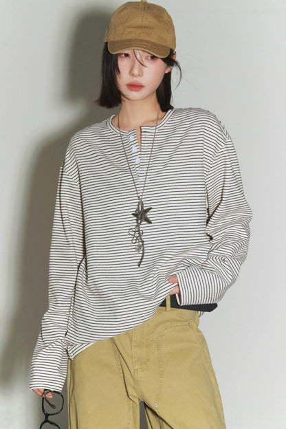 Loose Striped Button Neck Top
