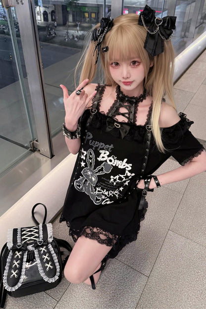 Lace-up Dark Kawaii T-shirt + Skirt + Bag + Hair Accessories