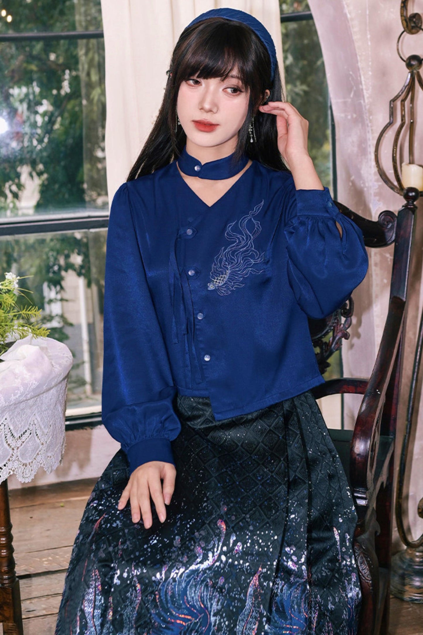 Embroidered Lantern Sleeve Blouse