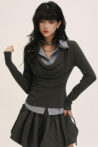Drape Cowl Neck Layered Shirt