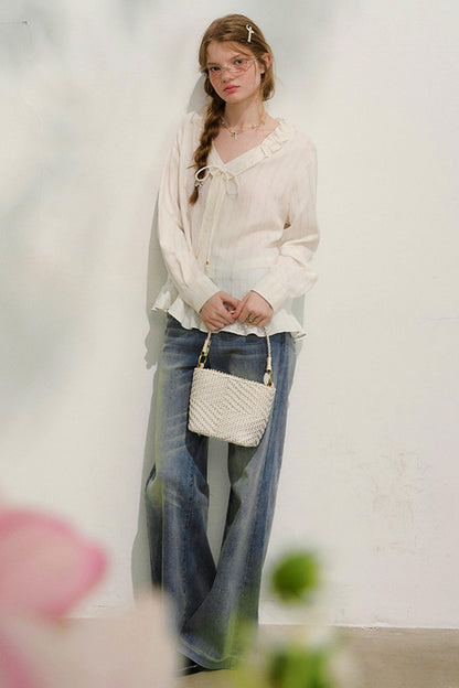 Striped Lace Sleeve Blouse