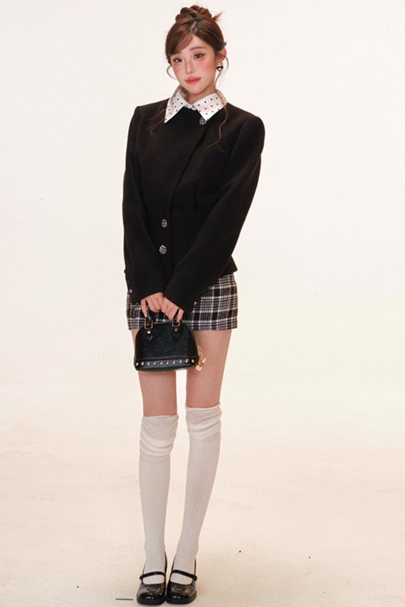 French Jacket + Inner Camisole Top + Plaid Skirt