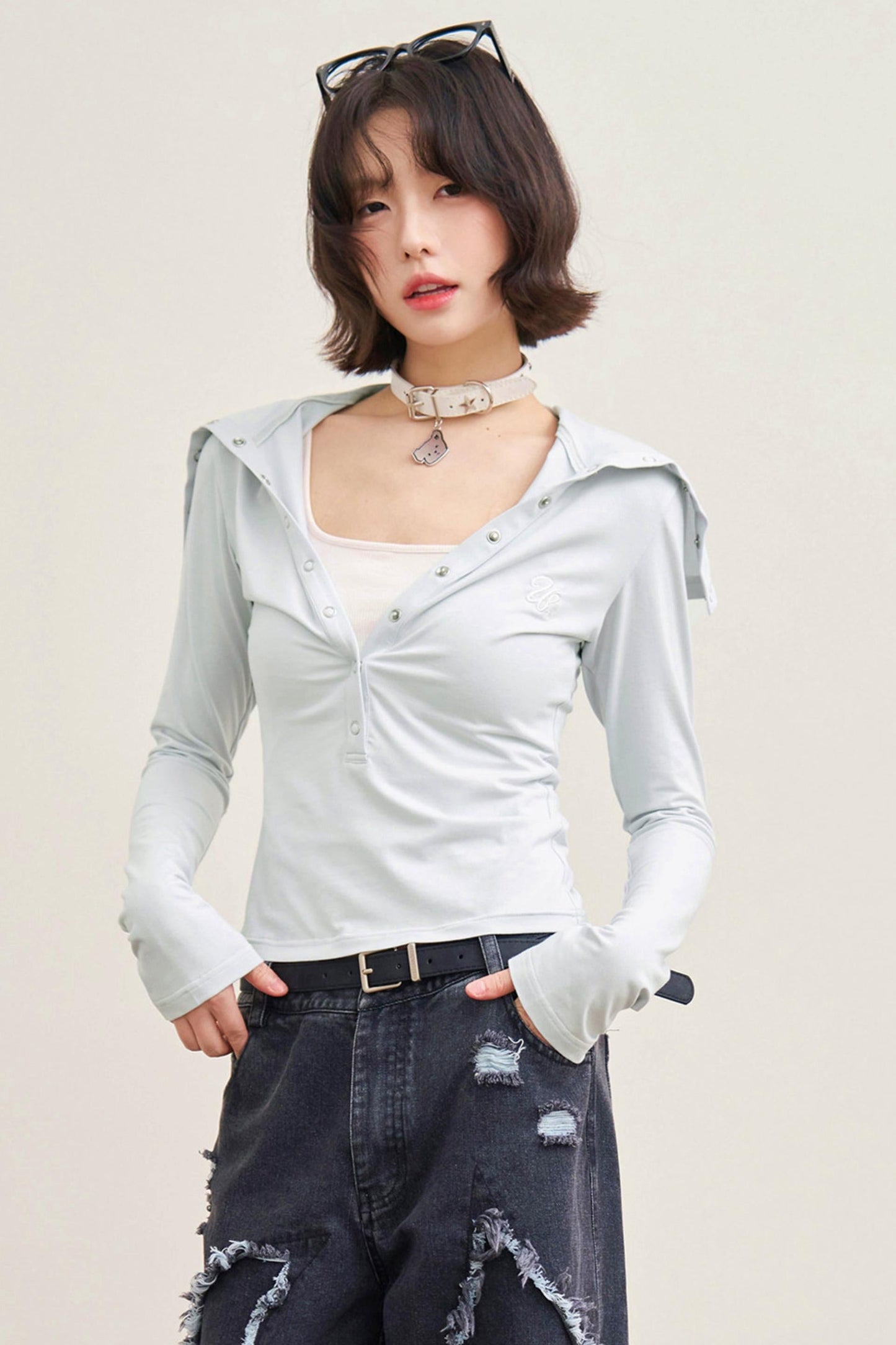 Folded Collar Cut Out Neck Top
