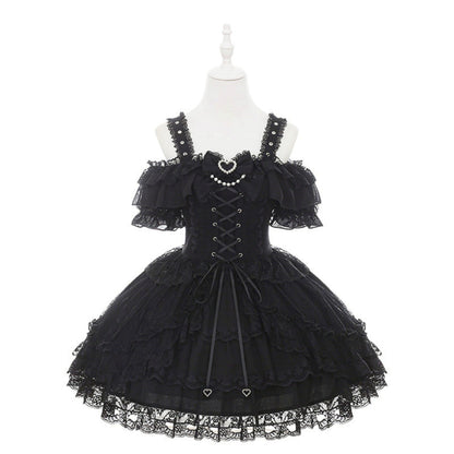Off-shoulder Dark Kawaii Lace Dress + Neck Ring