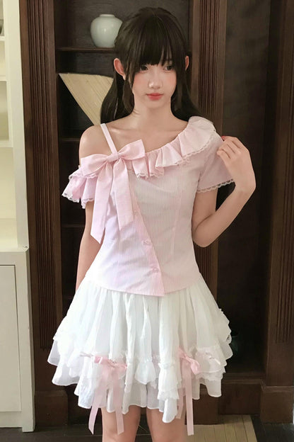 Fluffy Sweet Off-shoulder Ribbon Blouse + Skirt