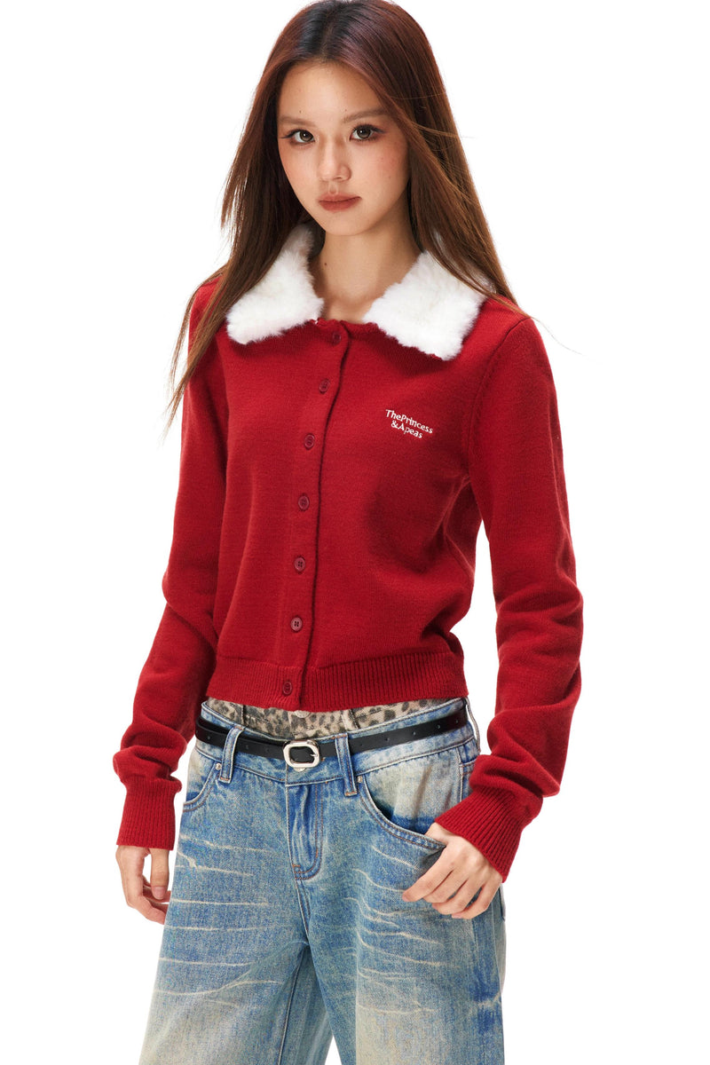 Retro Faux Fur Color Knit Cardigan