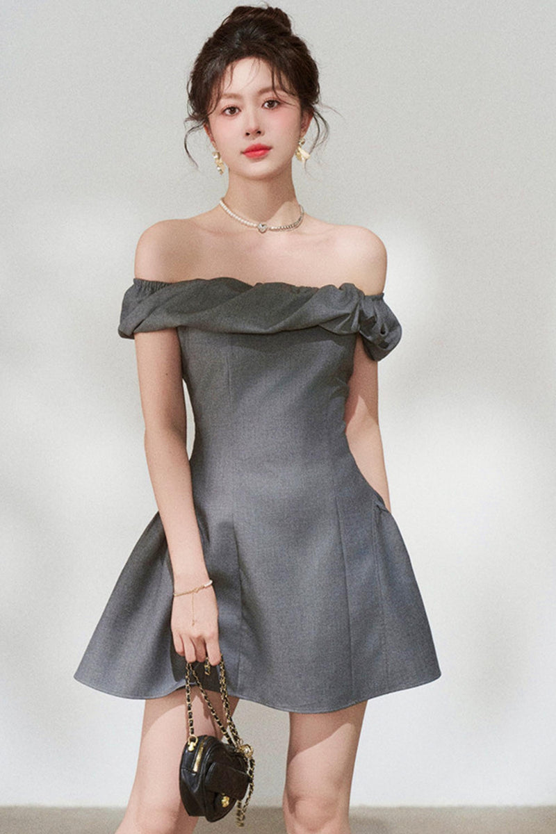 French Gray Off-shoulder Dress