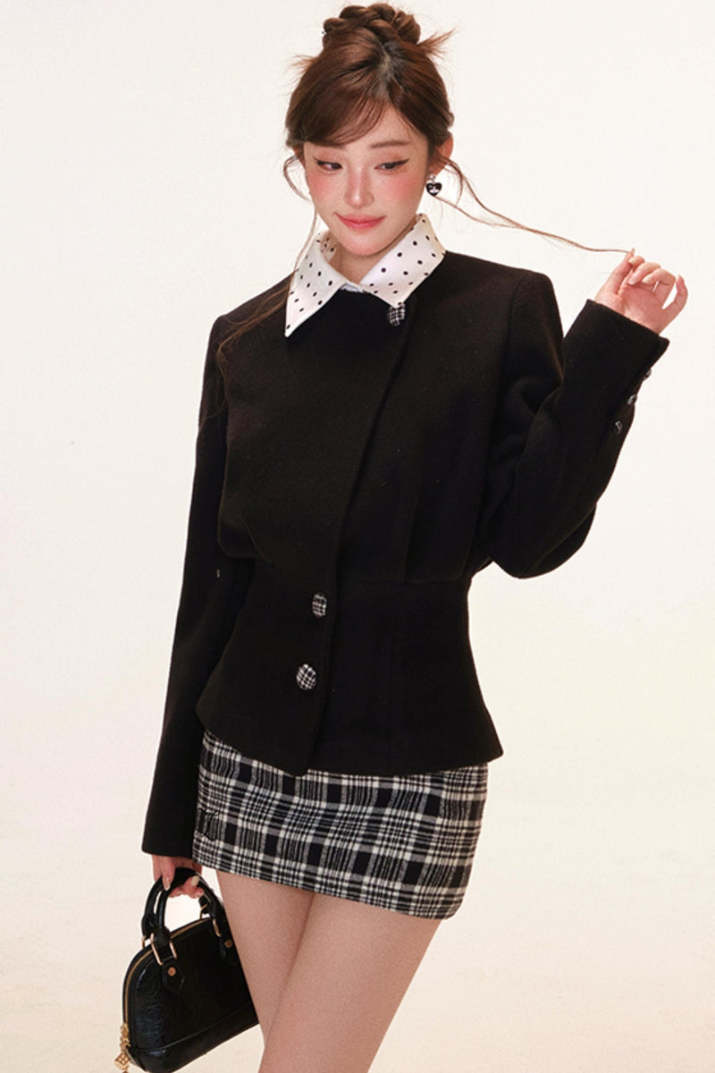 French Jacket + Inner Camisole Top + Plaid Skirt