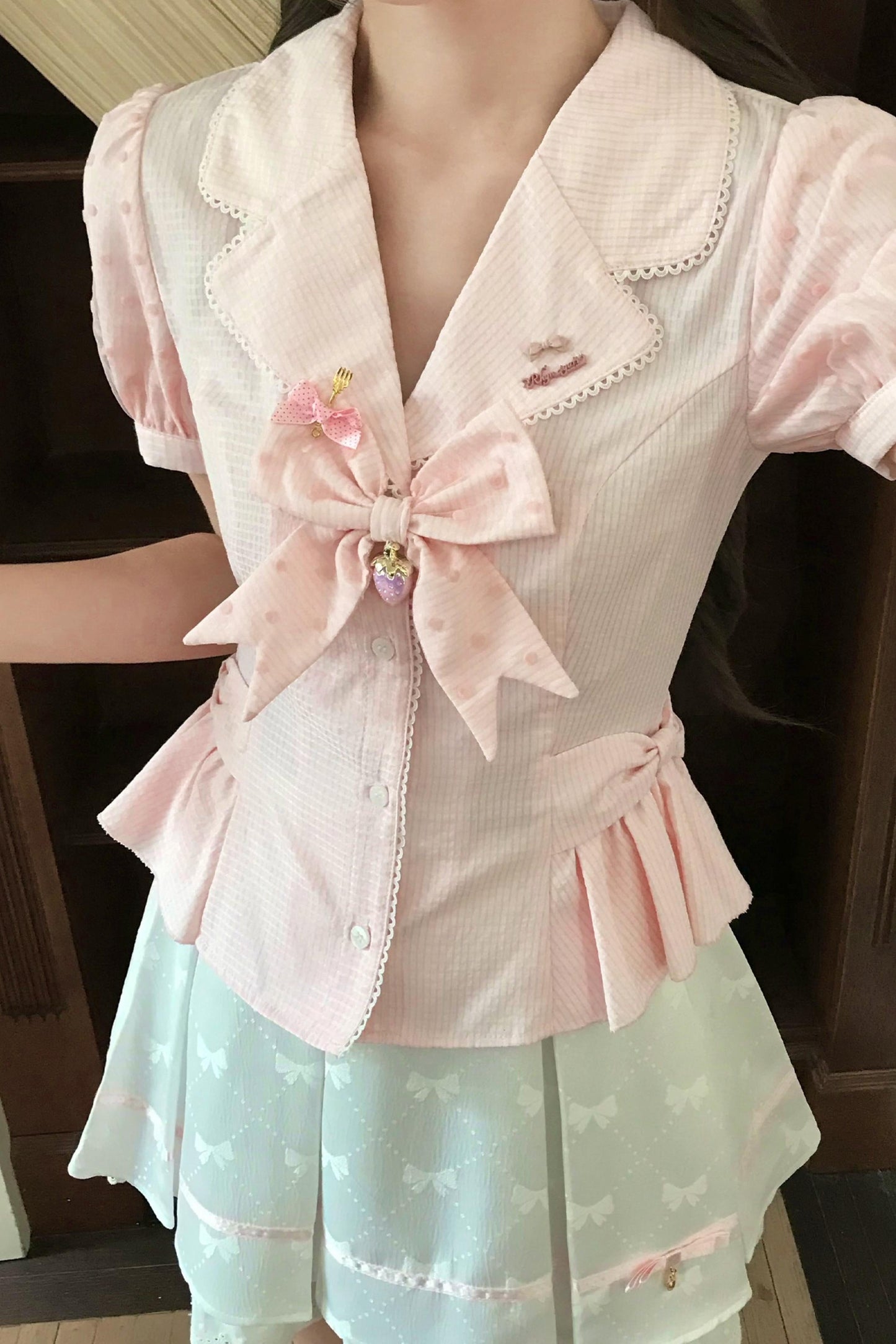 ストロベリーピンクポルカドットブラウス+スカート